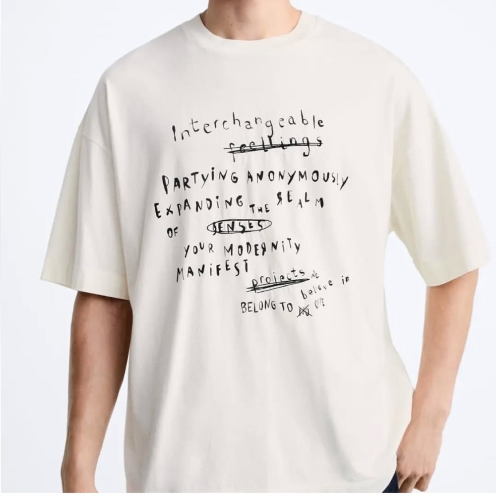 ZARA SLOGAN PRINT MEMS SHORT SLEEVE MEDIUM COTTON T SHIRT